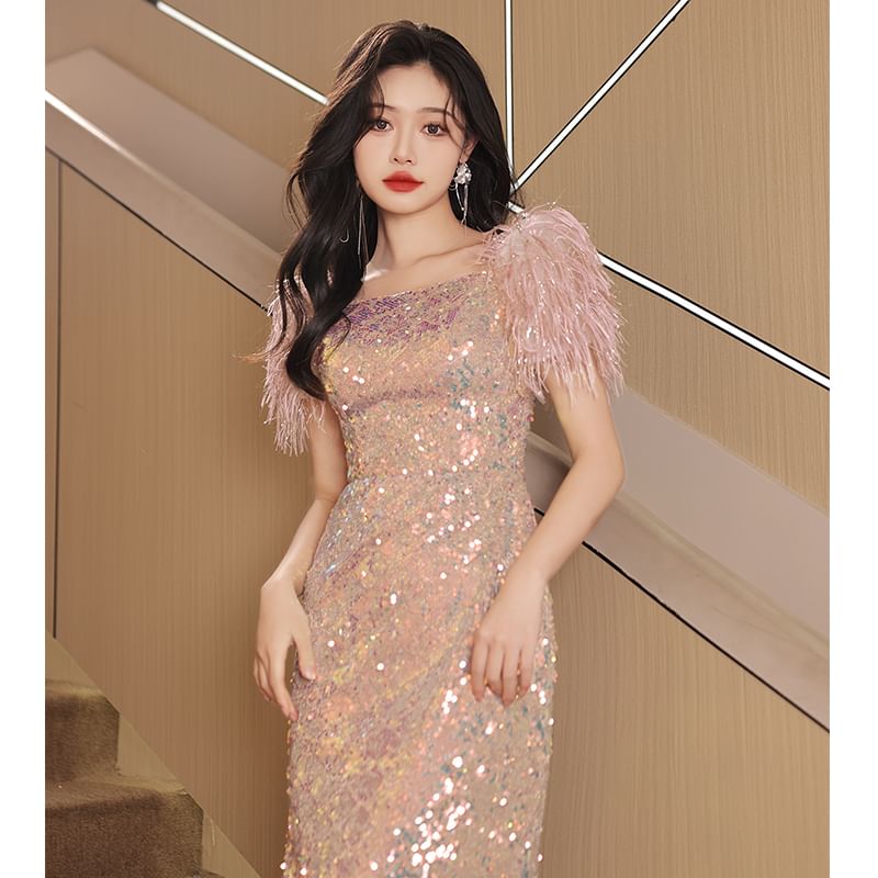 Square (Various Evening Gown Sequined Feather Sheath Neck Designs) Short-Sleeve