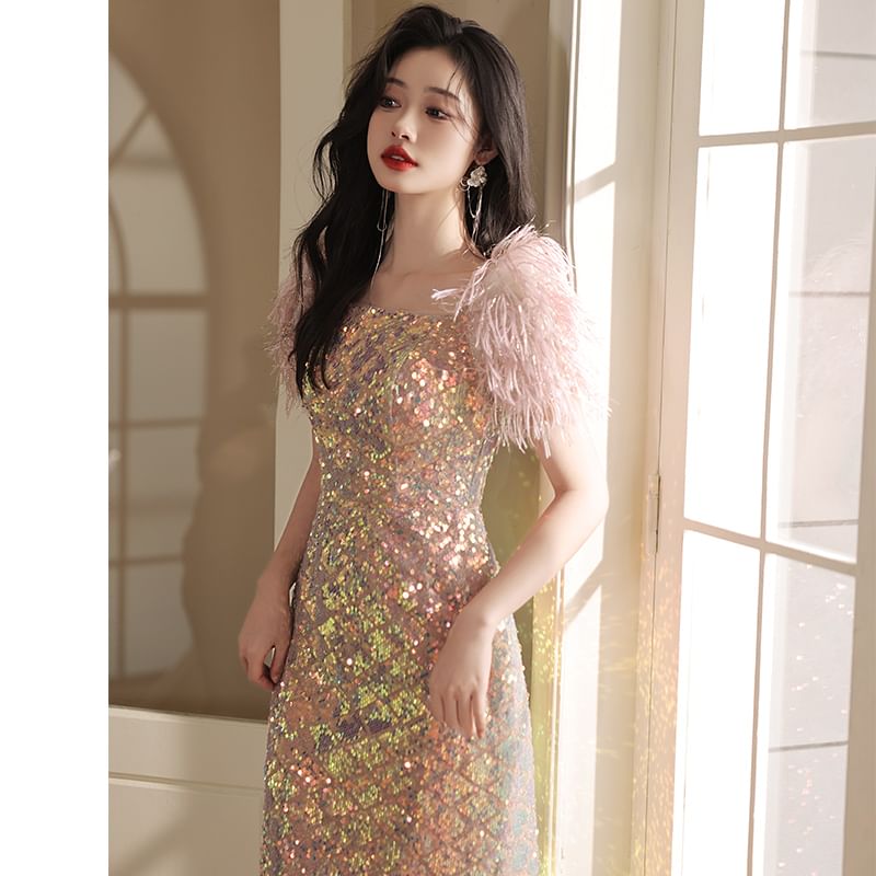 Square (Various Evening Gown Sequined Feather Sheath Neck Designs) Short-Sleeve
