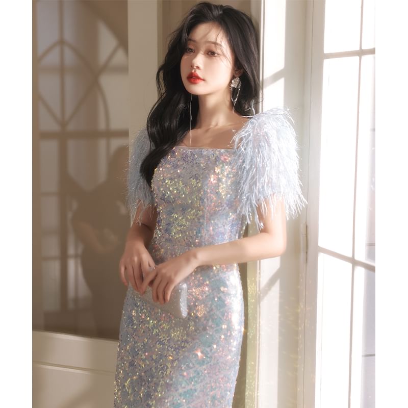 Square (Various Evening Gown Sequined Feather Sheath Neck Designs) Short-Sleeve