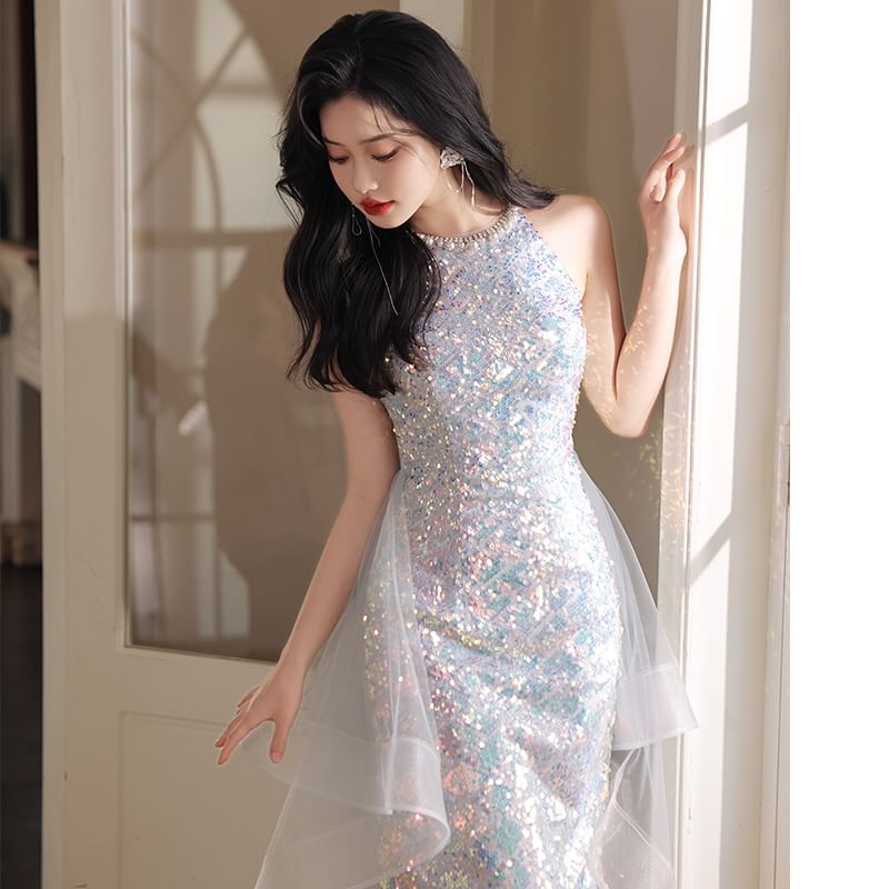 Gown (Various Designs) Evening Halter A-Line Neck Sequined