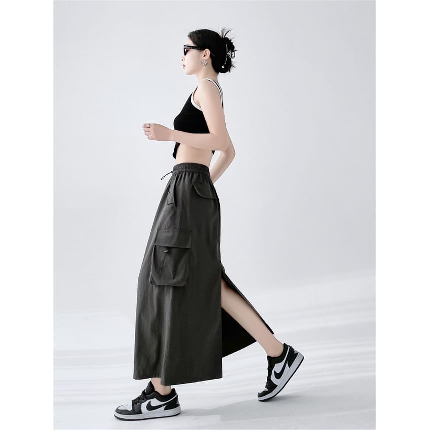 Drawstring Waist A-Line Plain Slit Cargo Skirt Midi