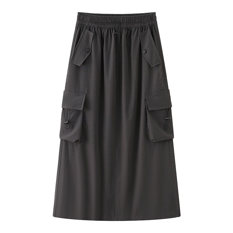 Drawstring Waist A-Line Plain Slit Cargo Skirt Midi