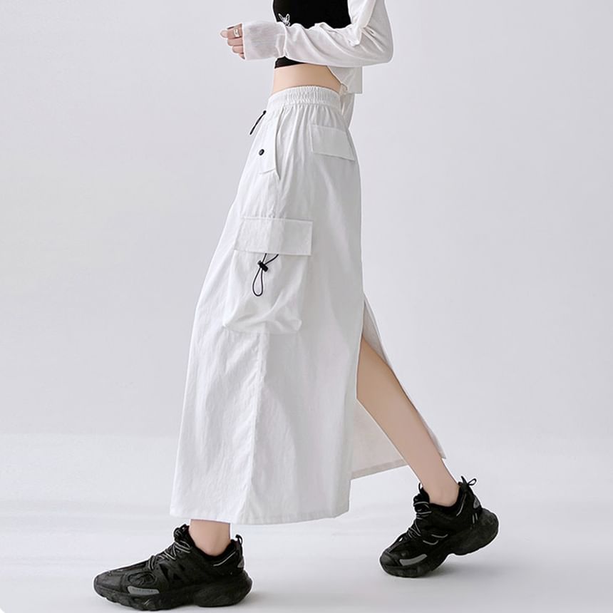 Drawstring Waist A-Line Plain Slit Cargo Skirt Midi