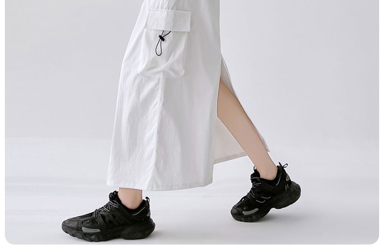 Drawstring Waist A-Line Plain Slit Cargo Skirt Midi