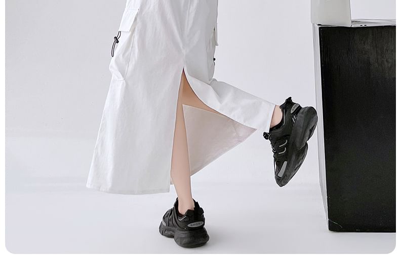 Drawstring Waist A-Line Plain Slit Cargo Skirt Midi