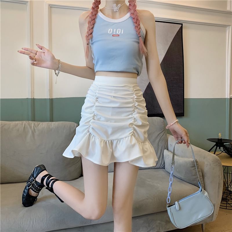 Pencil Waist Ruched Plain High Mini Skirt