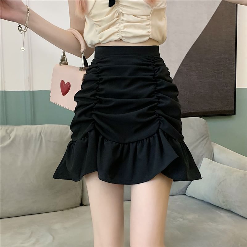 Pencil Waist Ruched Plain High Mini Skirt
