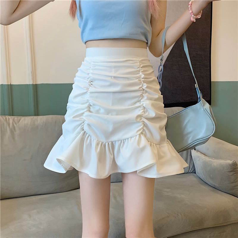 Pencil Waist Ruched Plain High Mini Skirt
