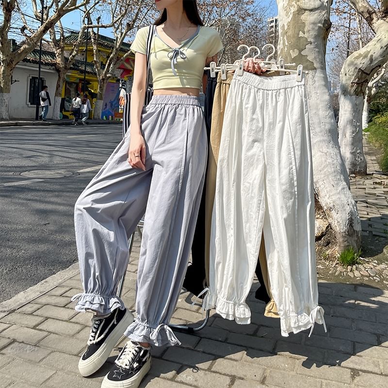 Harem Pants Cropped Elastic Bow Ruffle Trim Plain Waist