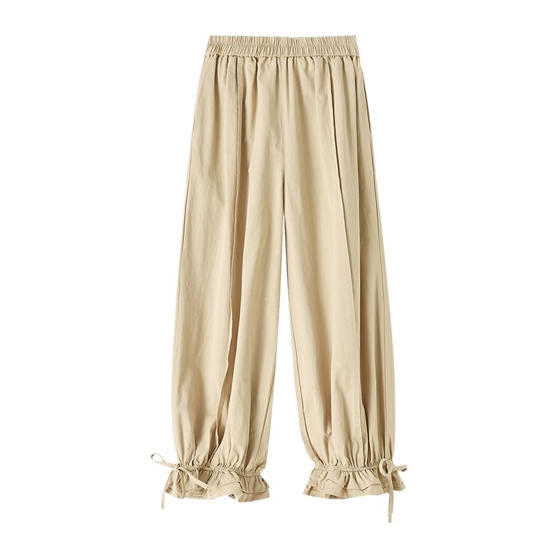 Harem Pants Cropped Elastic Bow Ruffle Trim Plain Waist
