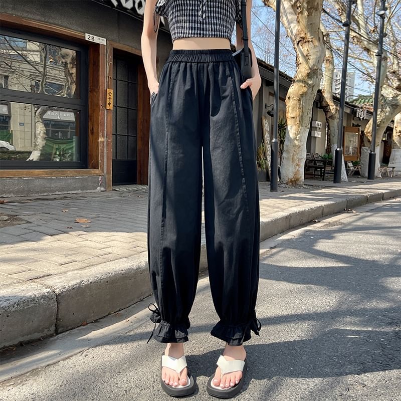 Harem Pants Cropped Elastic Bow Ruffle Trim Plain Waist