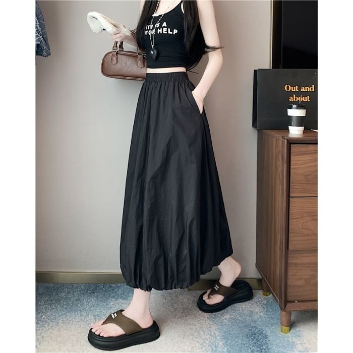 High Plain Midi Skirt Hem Bubble Waist A-Line