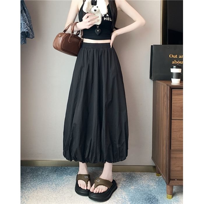 High Plain Midi Skirt Hem Bubble Waist A-Line