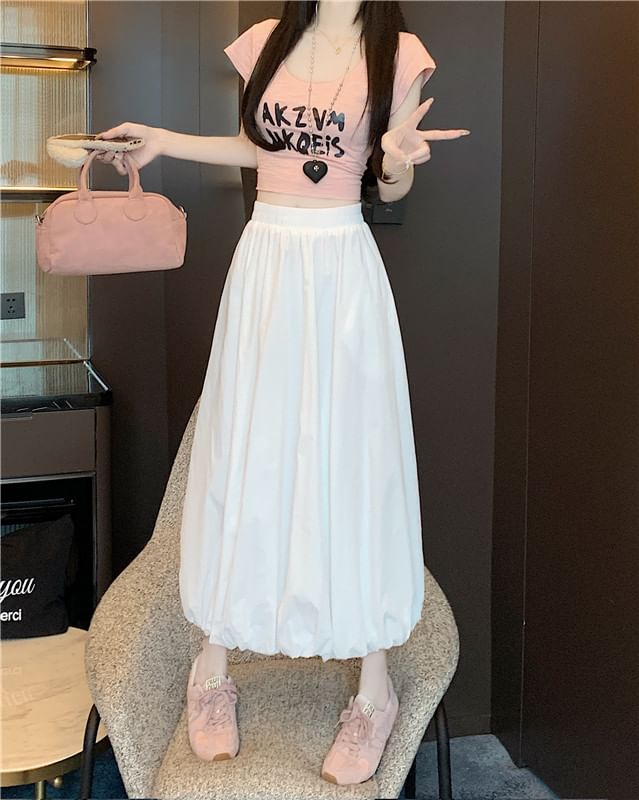 High Plain Midi Skirt Hem Bubble Waist A-Line