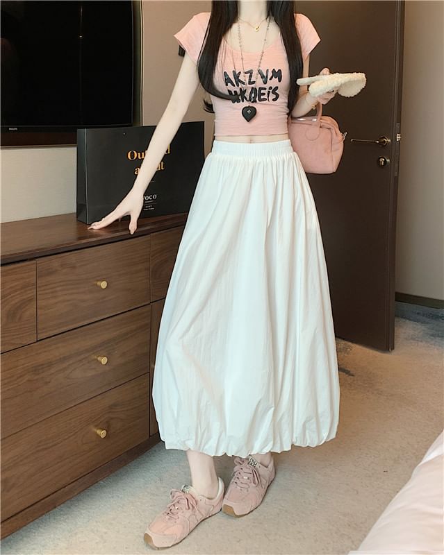 High Plain Midi Skirt Hem Bubble Waist A-Line