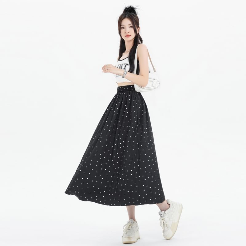Dotted A-Line Midi Elastic Waist Skirt