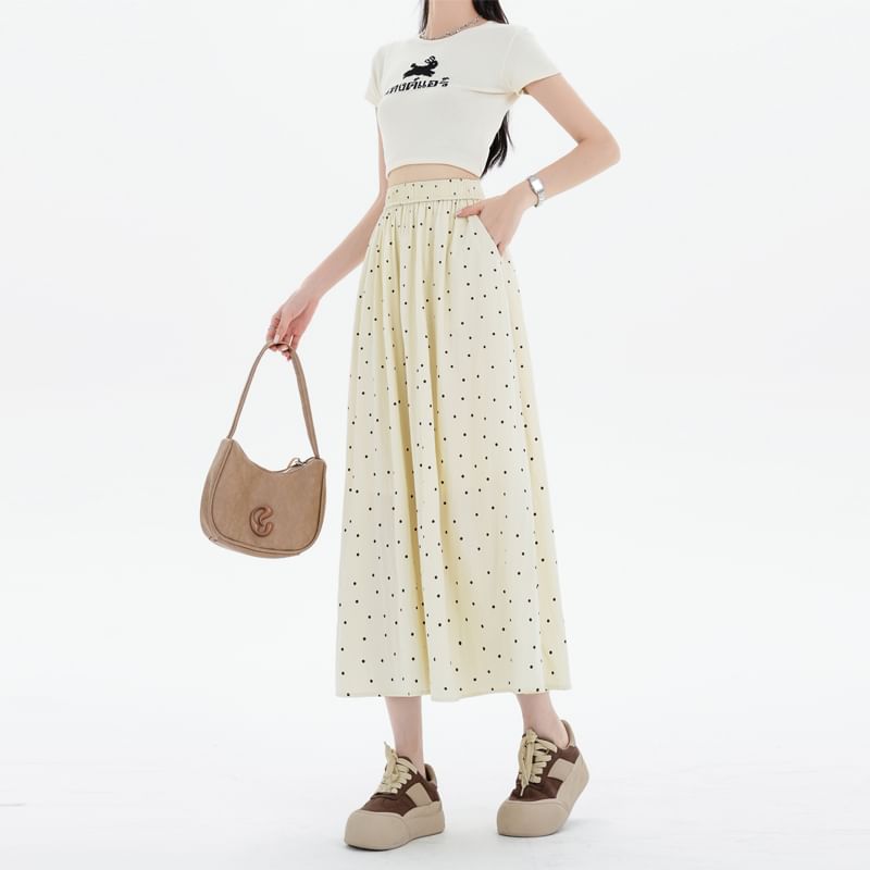 Dotted A-Line Midi Elastic Waist Skirt