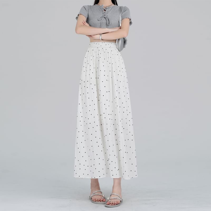 Dotted A-Line Midi Elastic Waist Skirt