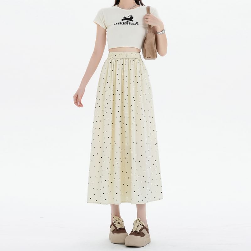 Dotted A-Line Midi Elastic Waist Skirt