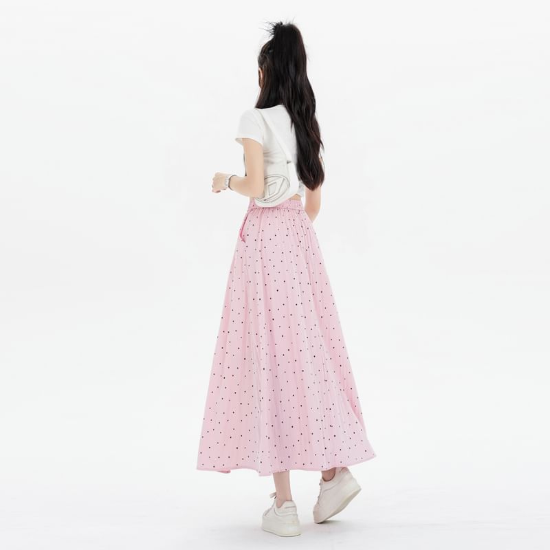 Dotted A-Line Midi Elastic Waist Skirt