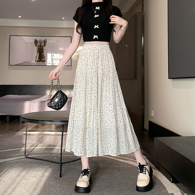 A-Line Skirt Elastic Dotted Midi Tiered Waist
