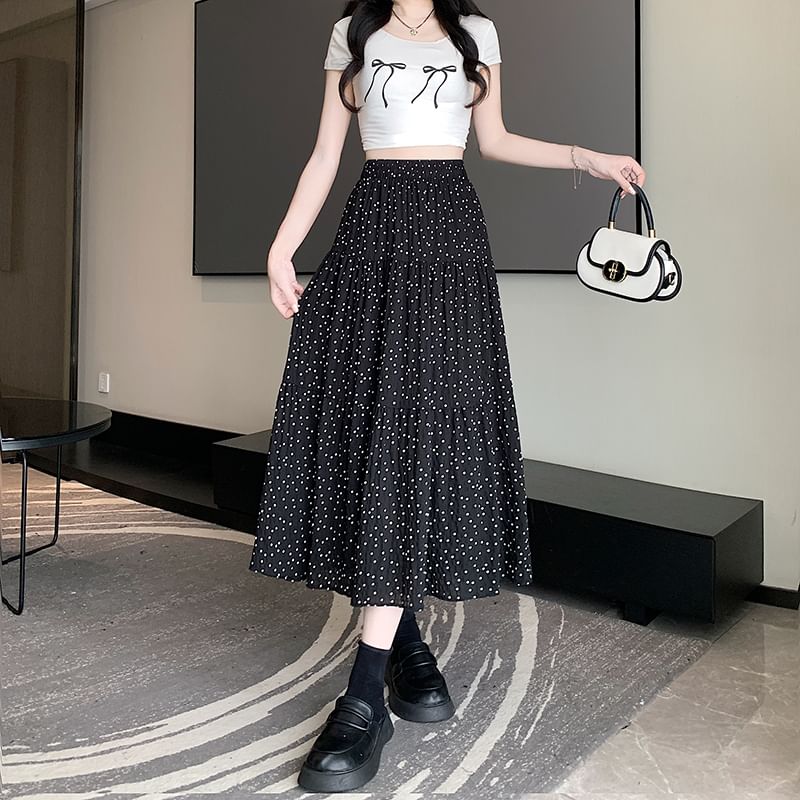 A-Line Skirt Elastic Dotted Midi Tiered Waist