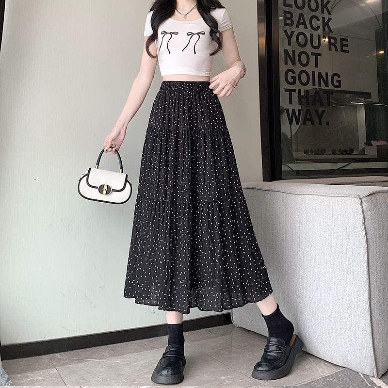 A-Line Skirt Elastic Dotted Midi Tiered Waist