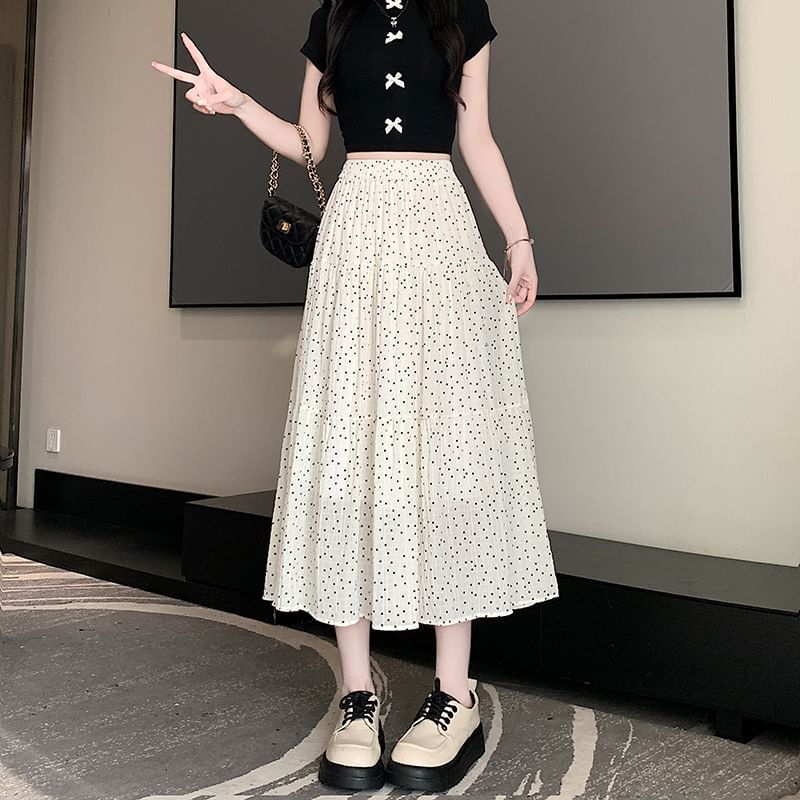 A-Line Skirt Elastic Dotted Midi Tiered Waist