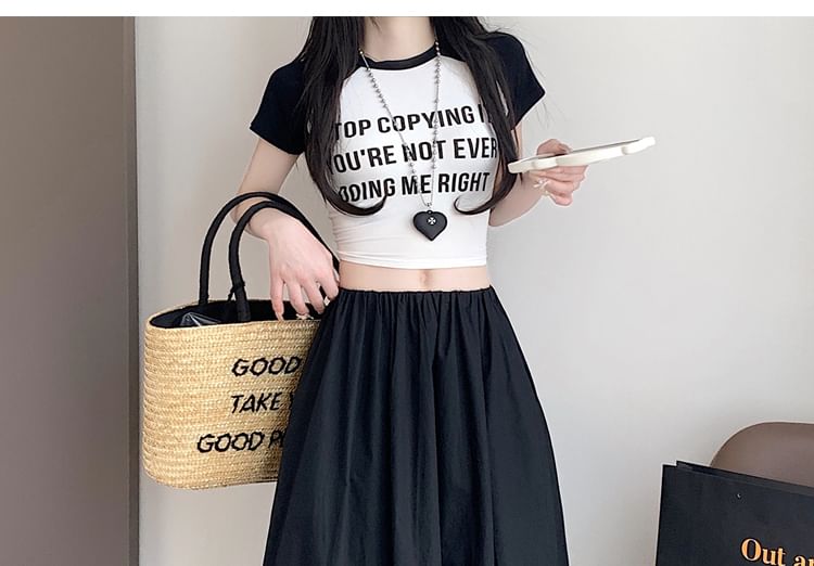 Hem Plain A-Line Midi Skirt Elastic Bubble Waist