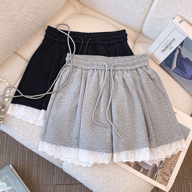 Lace Mini Plain Drawstring Trim Skirt A-Line Waist