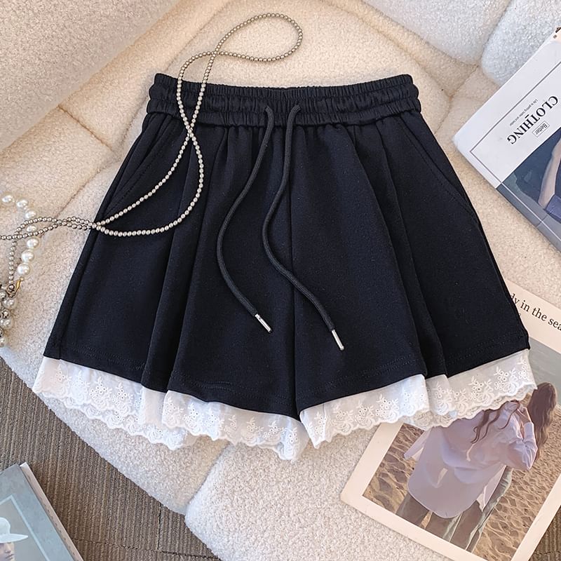 Lace Mini Plain Drawstring Trim Skirt A-Line Waist