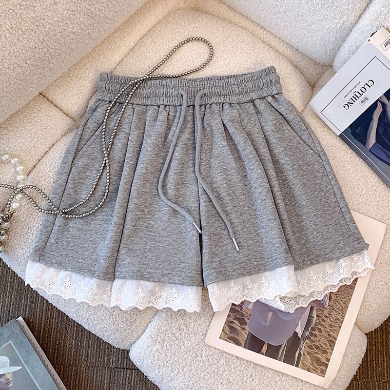 Lace Mini Plain Drawstring Trim Skirt A-Line Waist