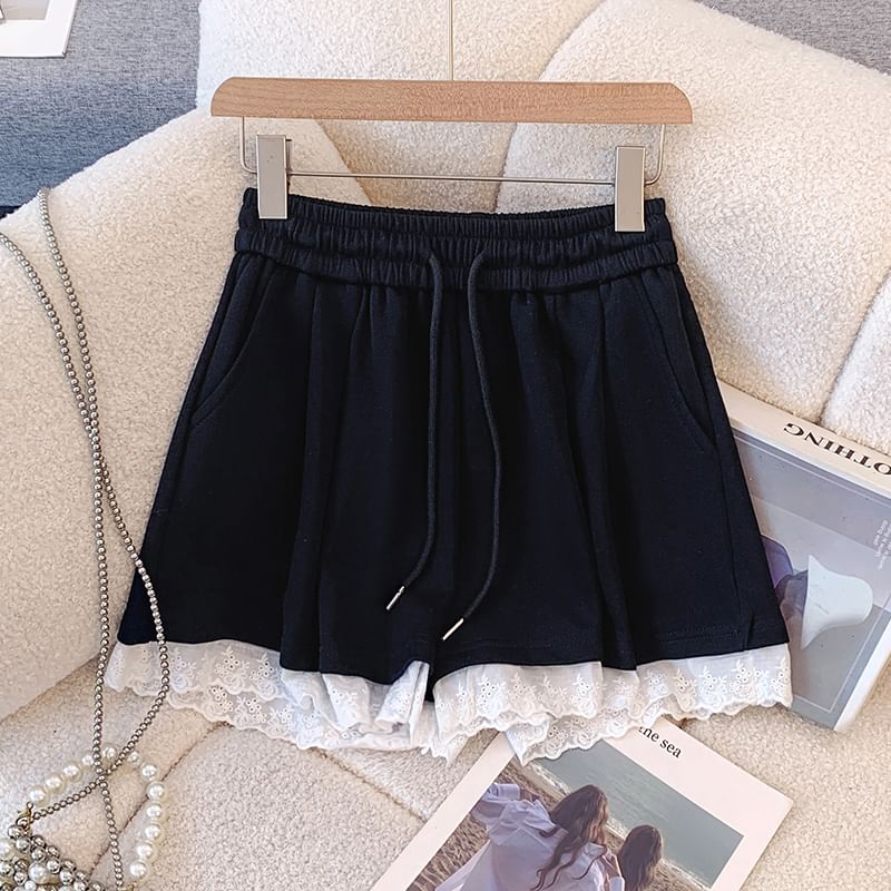 Lace Mini Plain Drawstring Trim Skirt A-Line Waist