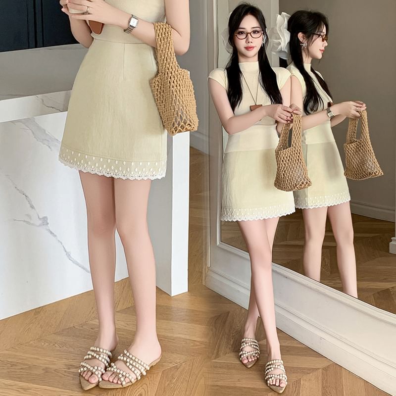 Mini High Trim Plain Pencil Skirt Lace Waist