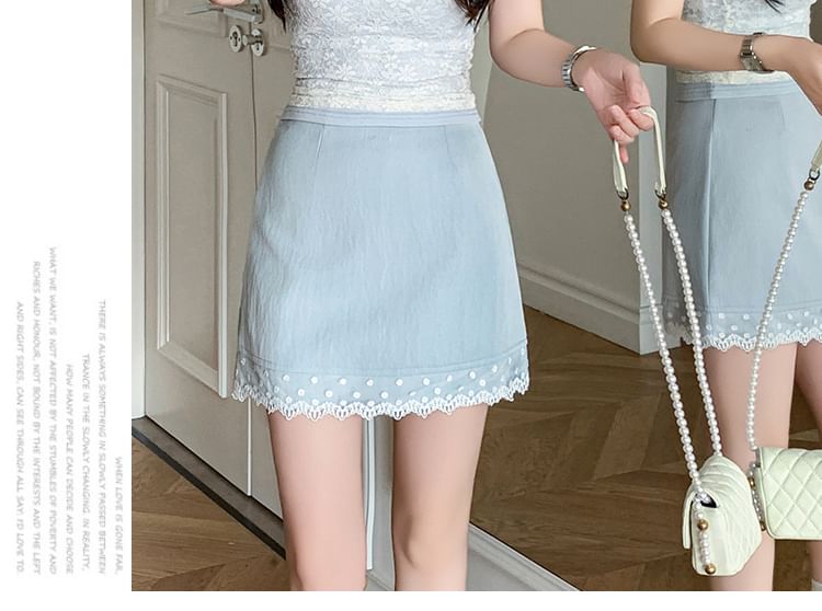 Mini High Trim Plain Pencil Skirt Lace Waist