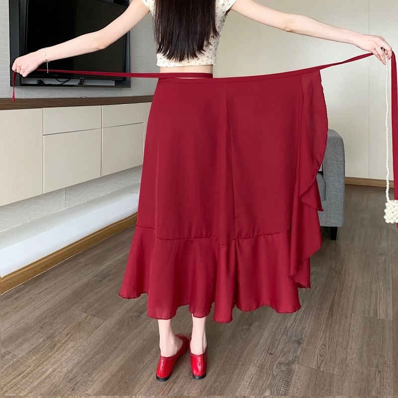 High Midi Waist Plain Skirt A-Line Ruffle