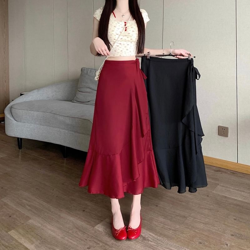 High Midi Waist Plain Skirt A-Line Ruffle