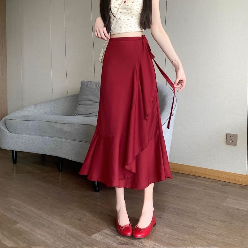 Ruffle Skirt Waist High Plain Midi A-Line