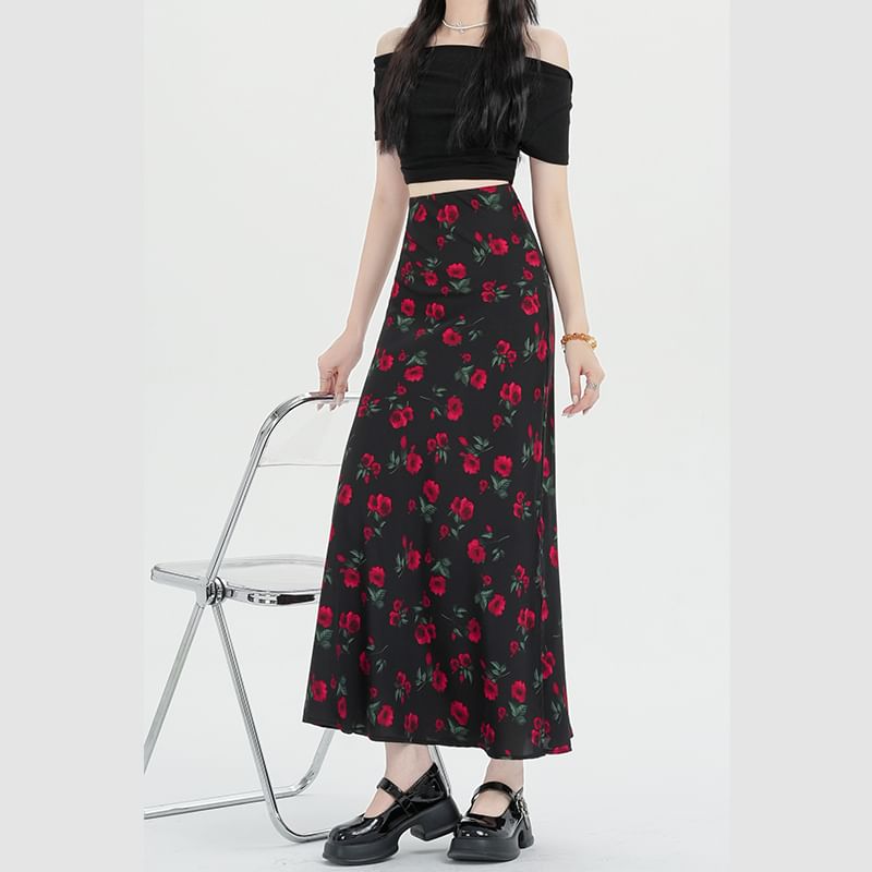 Floral Waist High A-Line Maxi Skirt