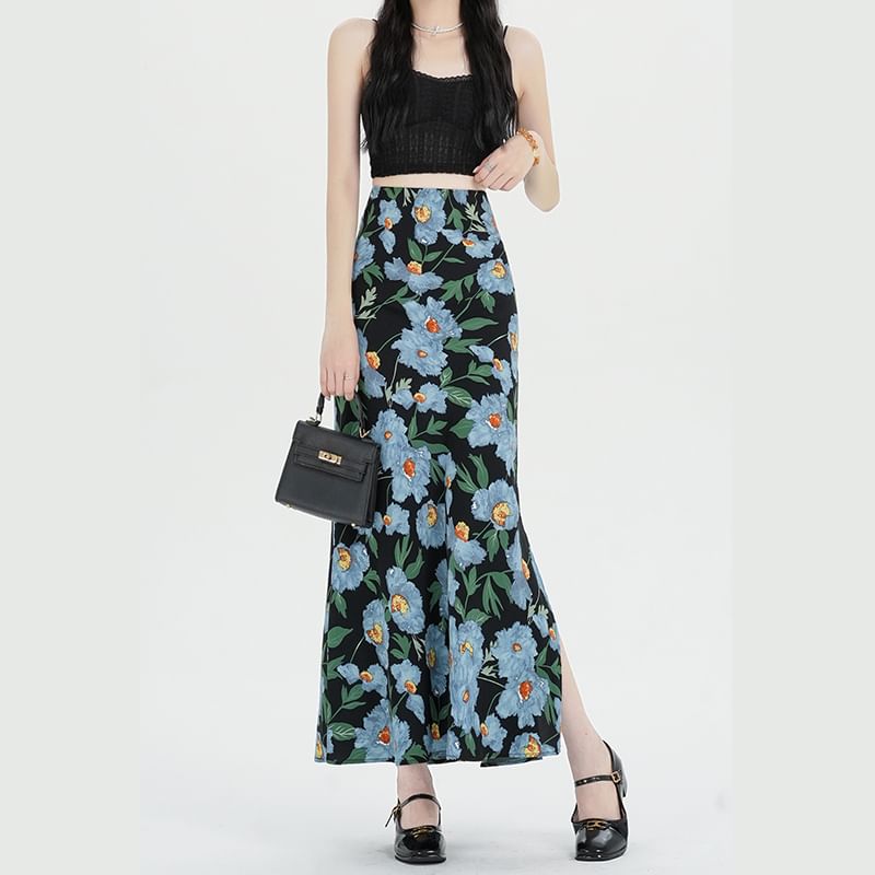 Waist Maxi Floral Skirt A-Line High