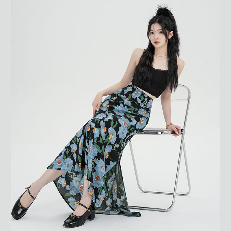 Waist Maxi Floral Skirt A-Line High