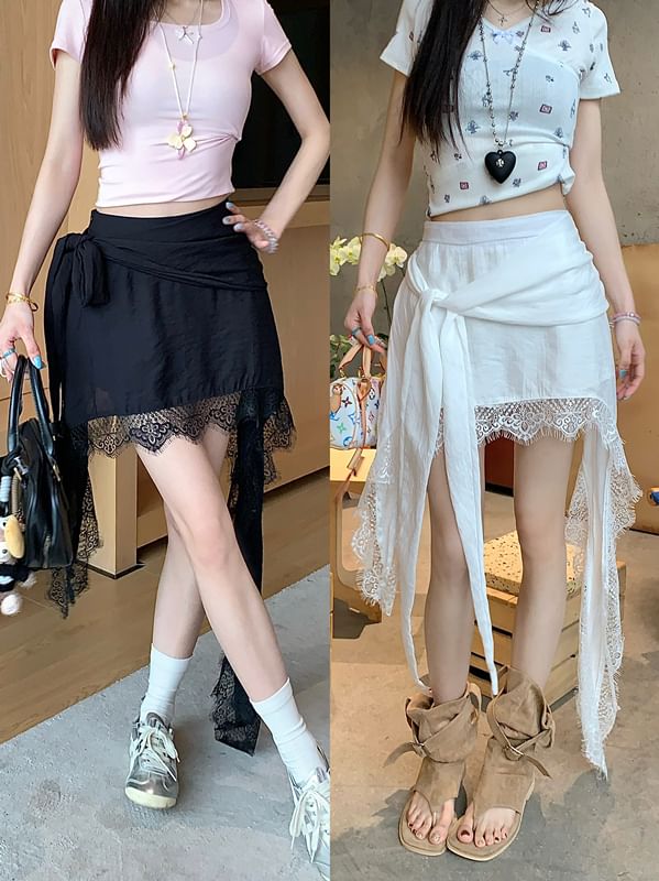 High Asymmetrical Wrap Plain Trim Lace Waist Skort