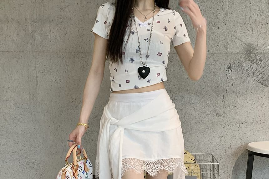 High Asymmetrical Wrap Plain Trim Lace Waist Skort