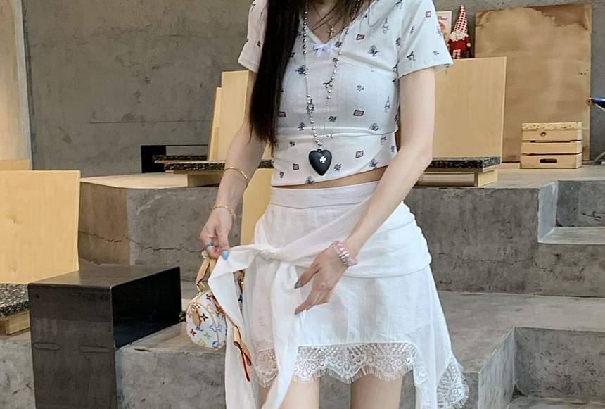 High Asymmetrical Wrap Plain Trim Lace Waist Skort