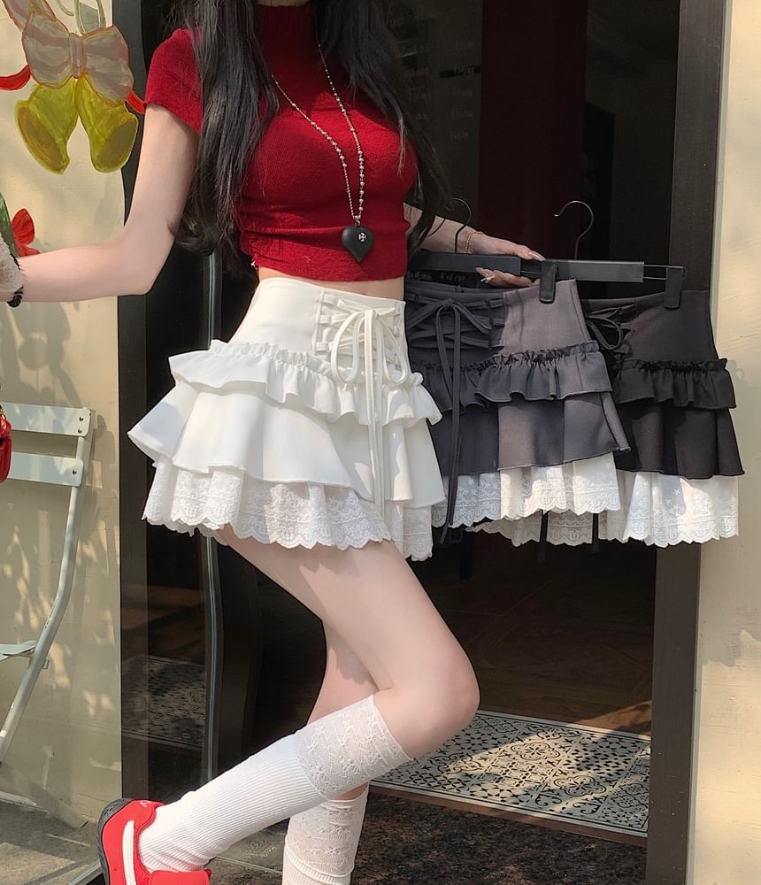 Rise Lace Skirt Ruffle Lace-Up Mini Plain High A-Line Trim