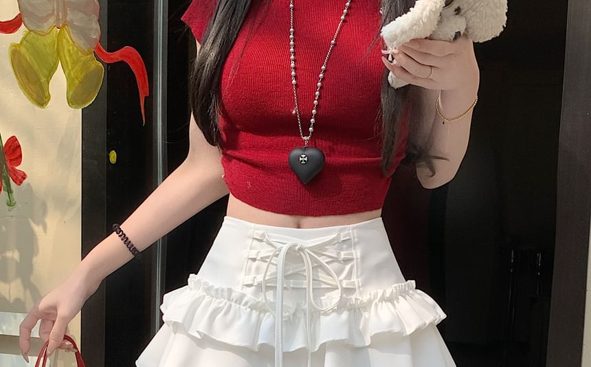Rise Lace Skirt Ruffle Lace-Up Mini Plain High A-Line Trim