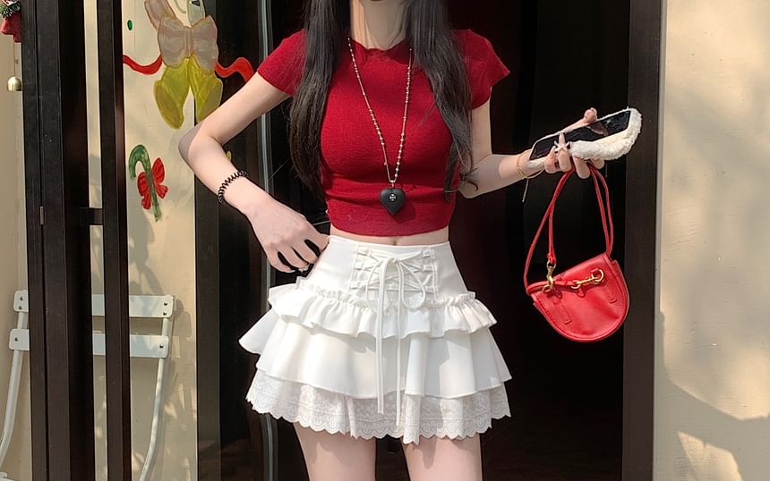 Rise Lace Skirt Ruffle Lace-Up Mini Plain High A-Line Trim