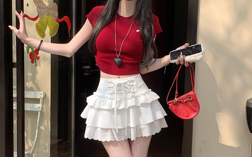 Rise Lace Skirt Ruffle Lace-Up Mini Plain High A-Line Trim