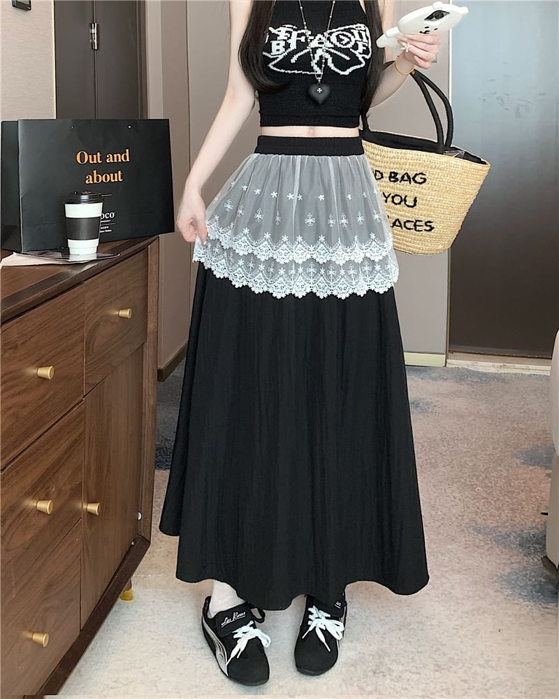 Lace Plain A-Line Rise Maxi High Trim Skirt