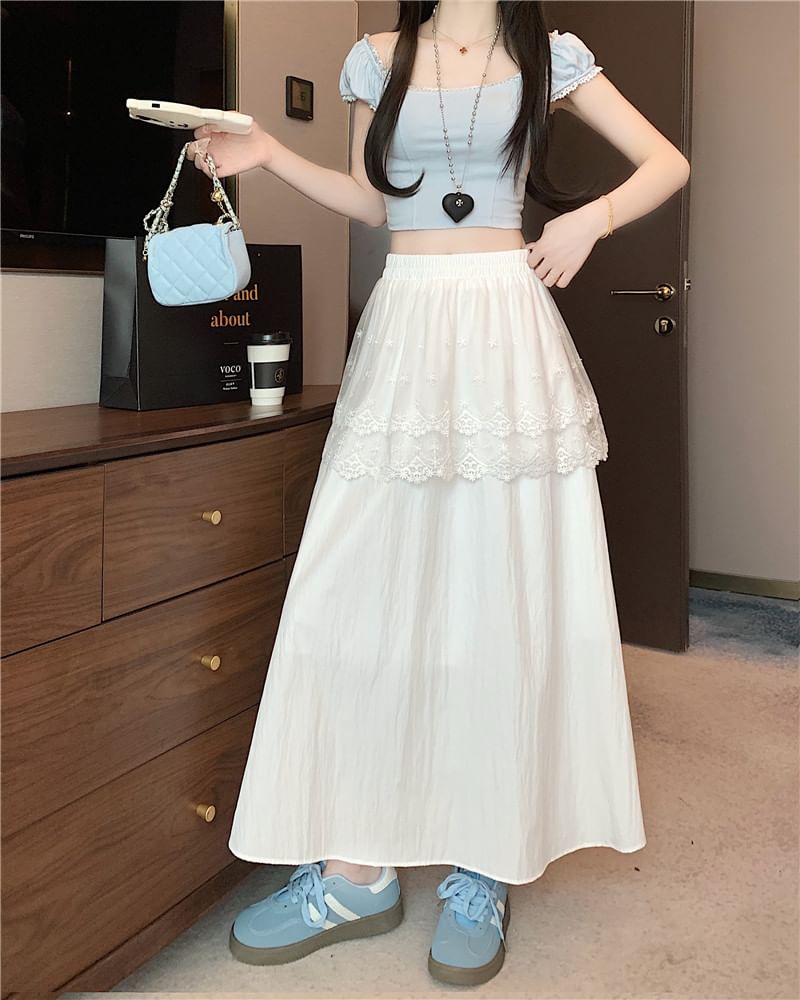 A-Line Skirt Lace Maxi High Rise Trim Plain